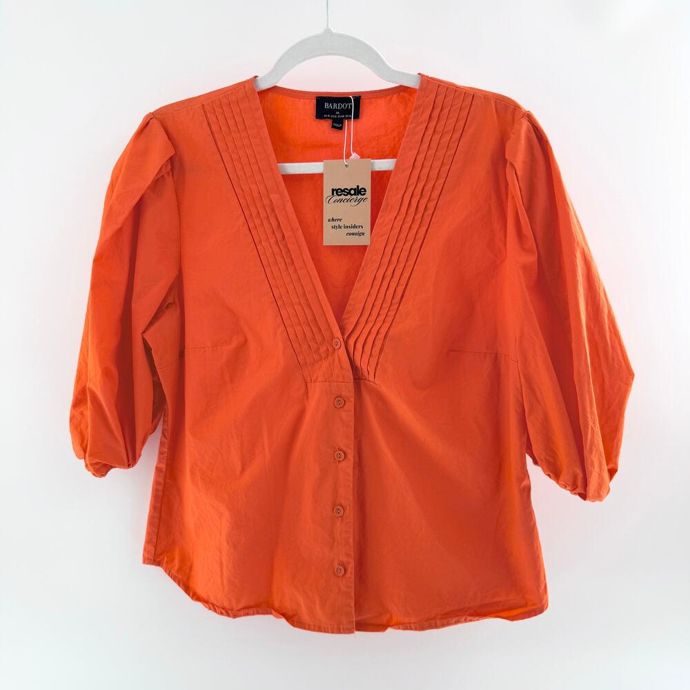 Bardot Cotton Puff Sleeve V-Neck Front Buttons Blouse Orange Women's Size XXL